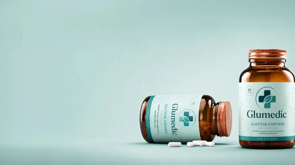 Two bottles of Glumedic on a teal background with capsules